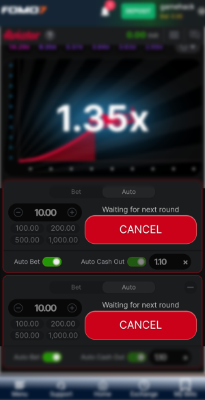 Auto bet & Auto Cash out options are highlighted in an Aviator Gameplay on FOMO7