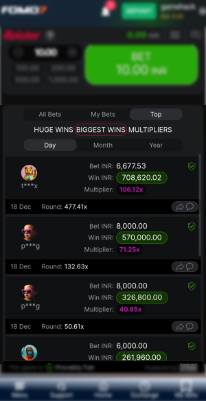 Biggest wins tab in the Top Multipliers of Aviator history with Day, Month & Year filters on FOMO7