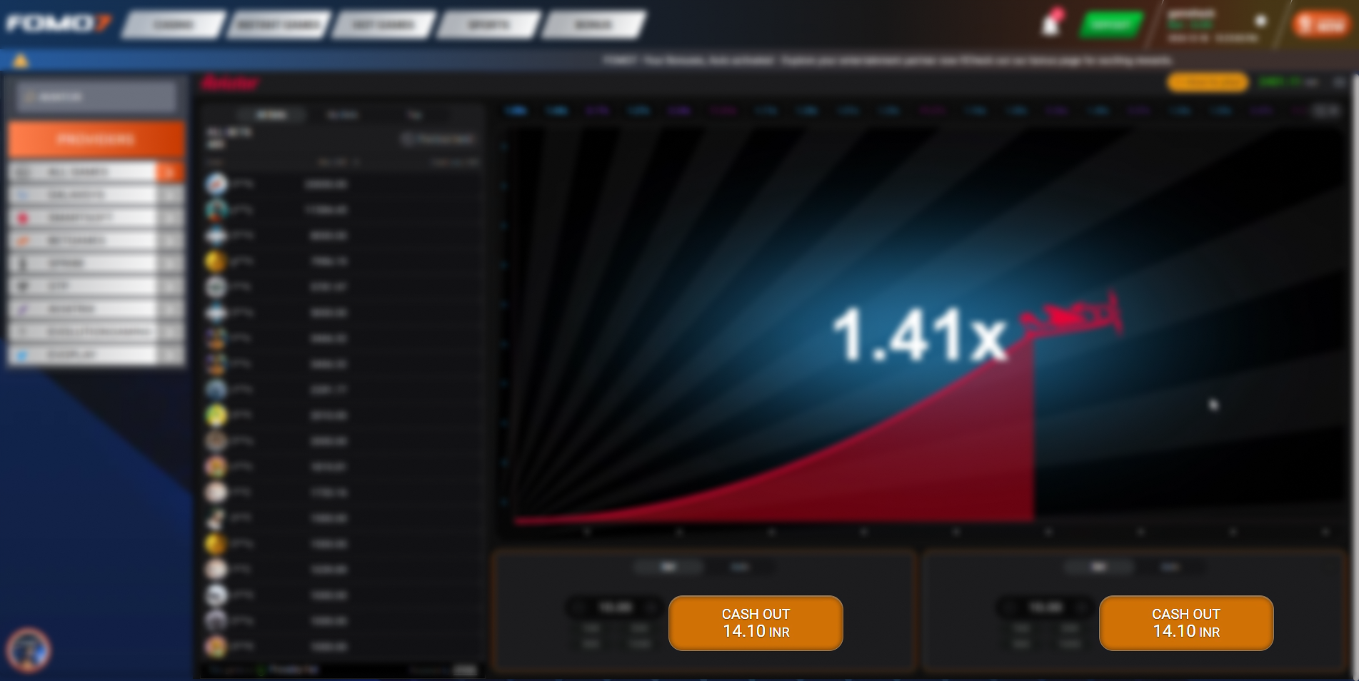Cashout Section Highlighted on a Desktop device while playing Aviator game on FOMO7
