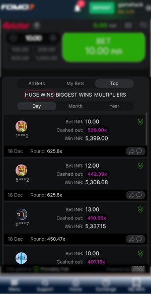 Huge wins tab in the Top Multipliers of Aviator history with Day, Month & Year filters on FOMO7