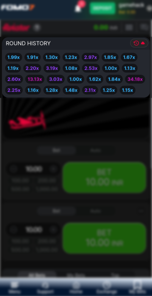 Expanded round history section on a mobile device, Aviator game on FOMO7