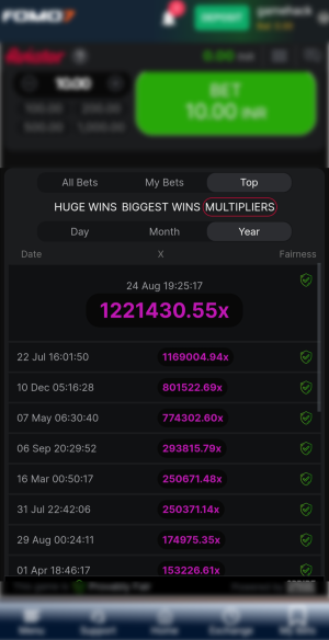 Top Multipliers tab in the Top Multipliers of Aviator history with Day, Month & Year filters on FOMO7