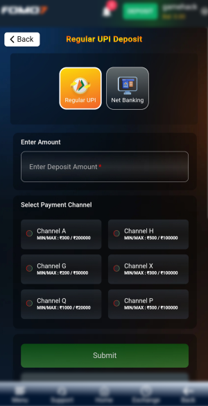 Deposit page inside account on FOMO7 official gaming platform India