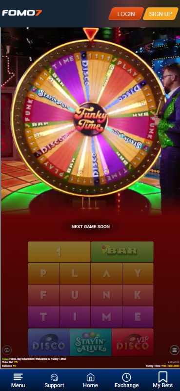 Funky Time Live casino game interface showing a large spinning wheel with betting numbers and letters.
