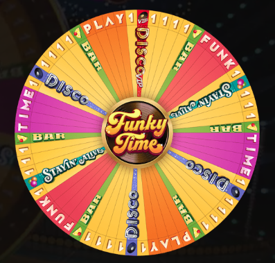 Funky Time Live casino game interface showing a large spinning wheel with colorful segments.