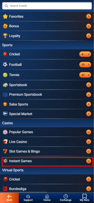 instant games navigation